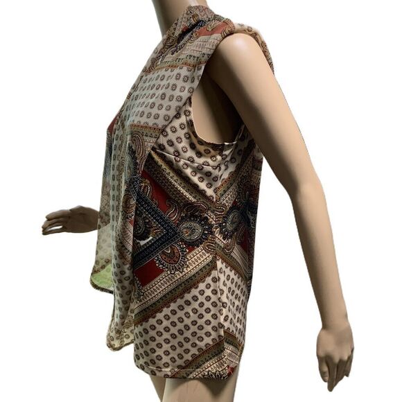 Roz & Ali Brown Patterned Keyhole Neckline Poncho Blouse Size Petite Medium - Picture 11 of 14